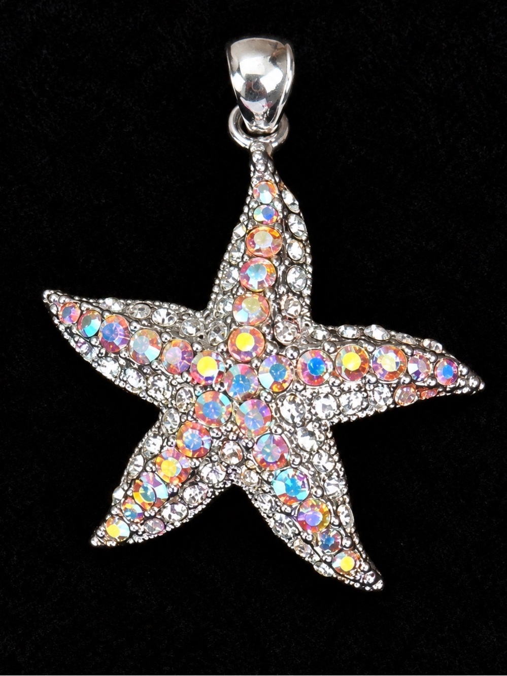 Vintage Starfish Pendant Clear Iridescent Faceted Stones Silver Tone
